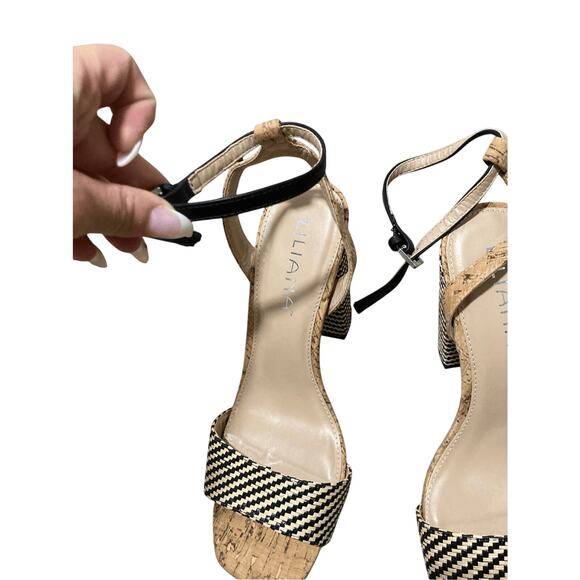 Liliana SZ 7 Cork Striped Block Monochromatic Open Toed Heels Preppy Minimalist - Picture 7 of 10